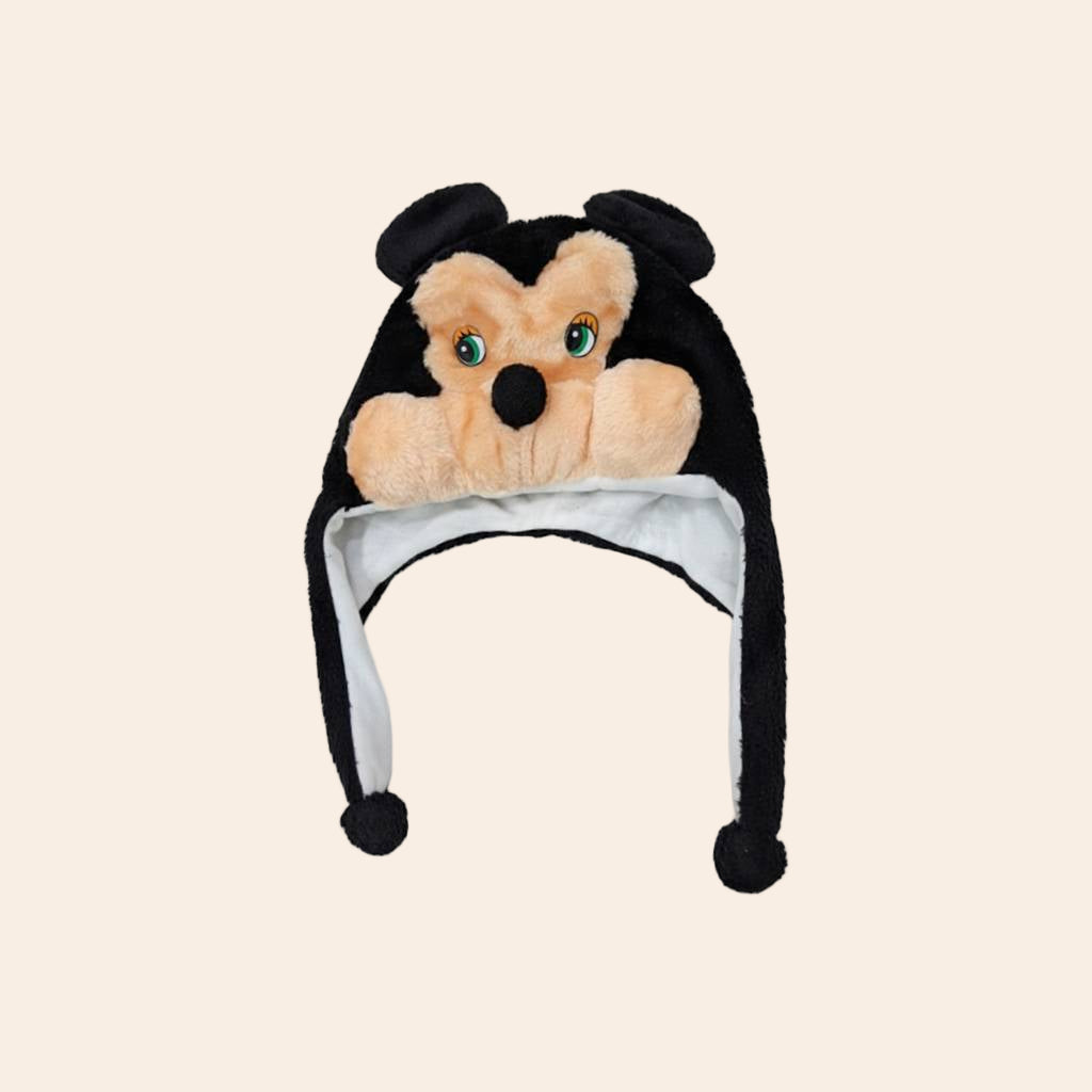 Kids Mickey Mouse Plush Winter Cap – Cute Cartoon Character Hat with Ear Flaps (Black & Peach)
