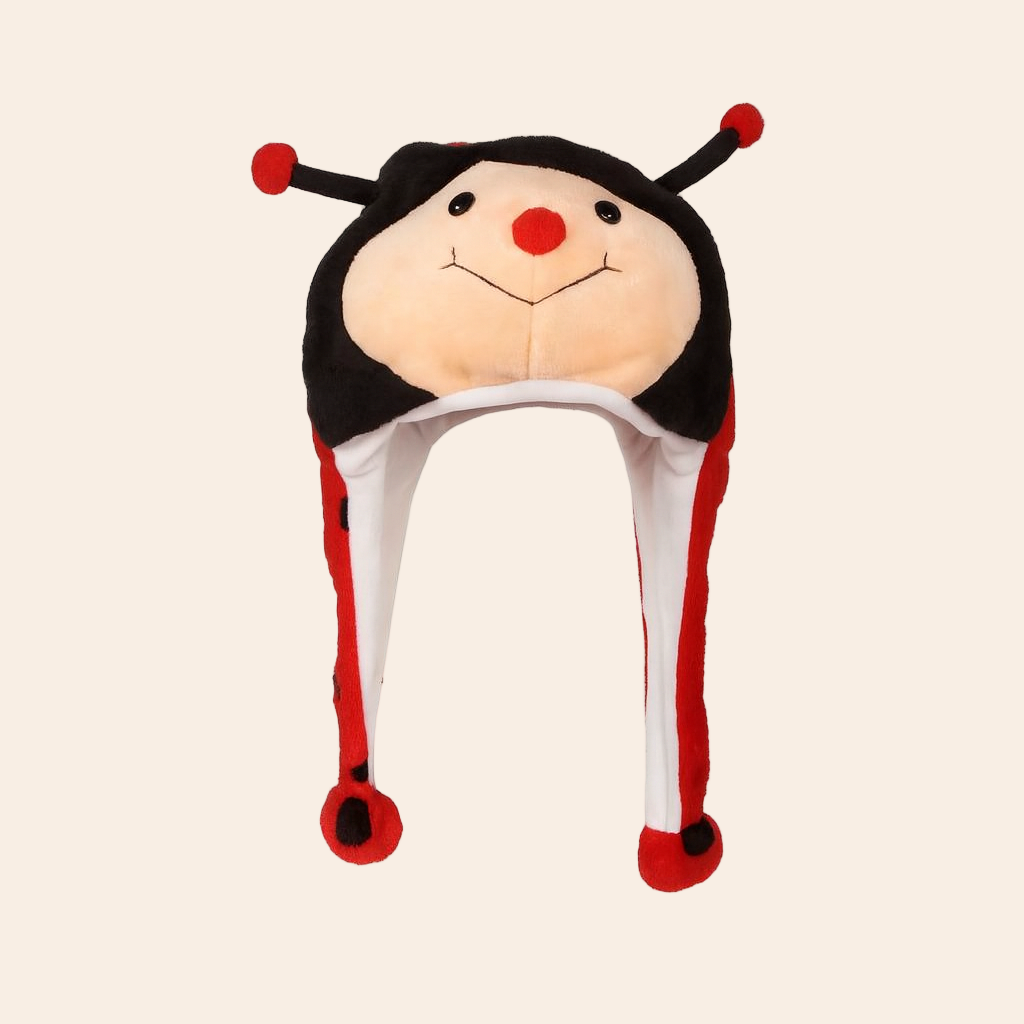 Kids Plush Ladybug Winter Cap – Cute Cartoon Animal Hat with Long Ear Flaps (Red & Black)