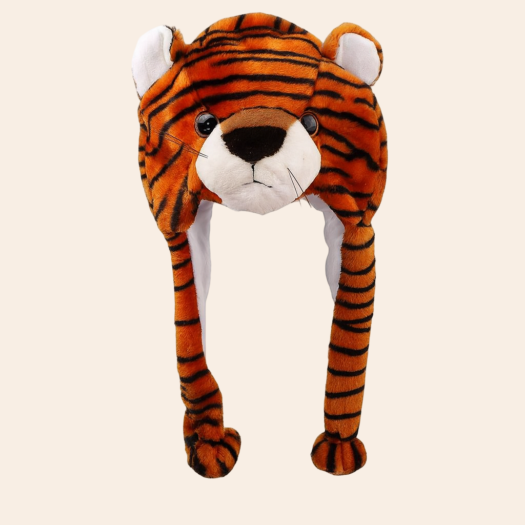 Kids Plush Tiger Winter Cap – Cute Cartoon Animal Hat with Ear Flaps (Orange & Black)