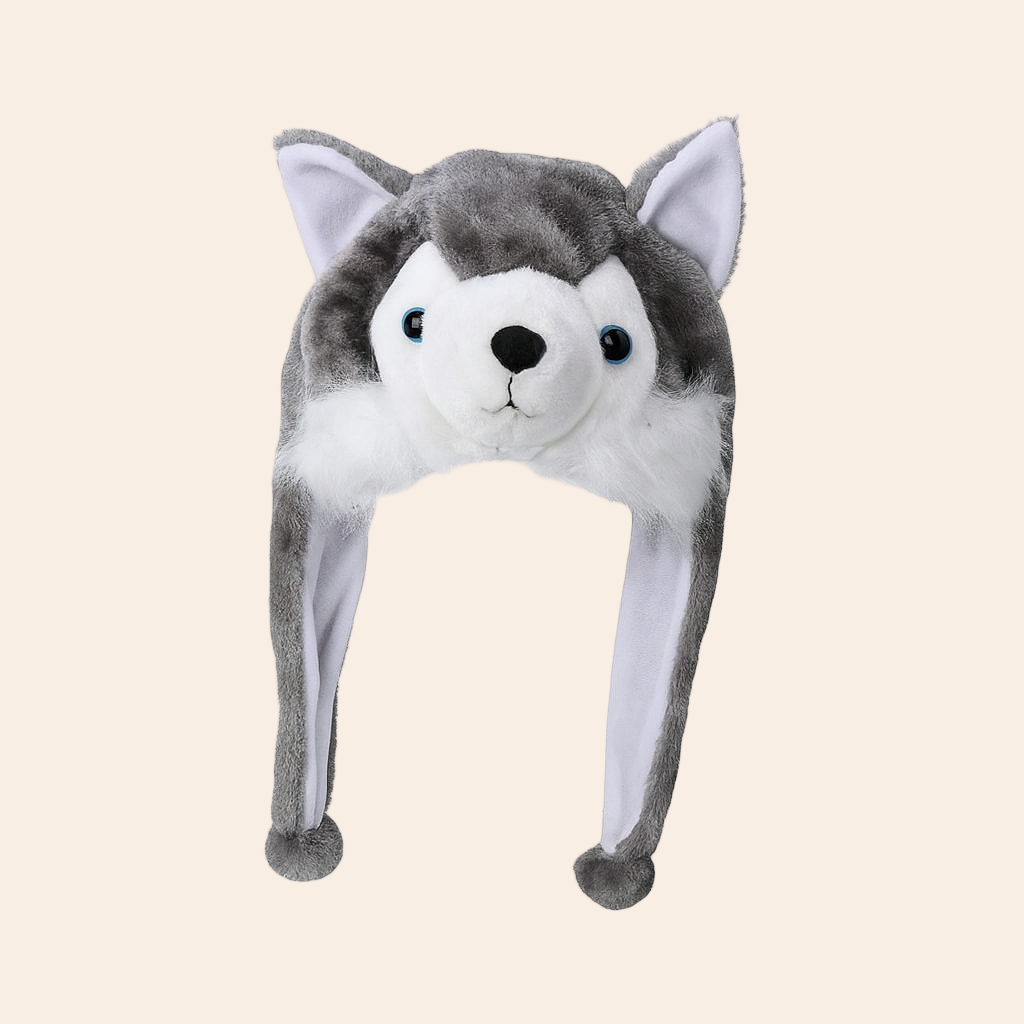 Kids Plush Wolf Winter Cap – Cute Cartoon Animal Hat with Ear Flaps (Grey & White)