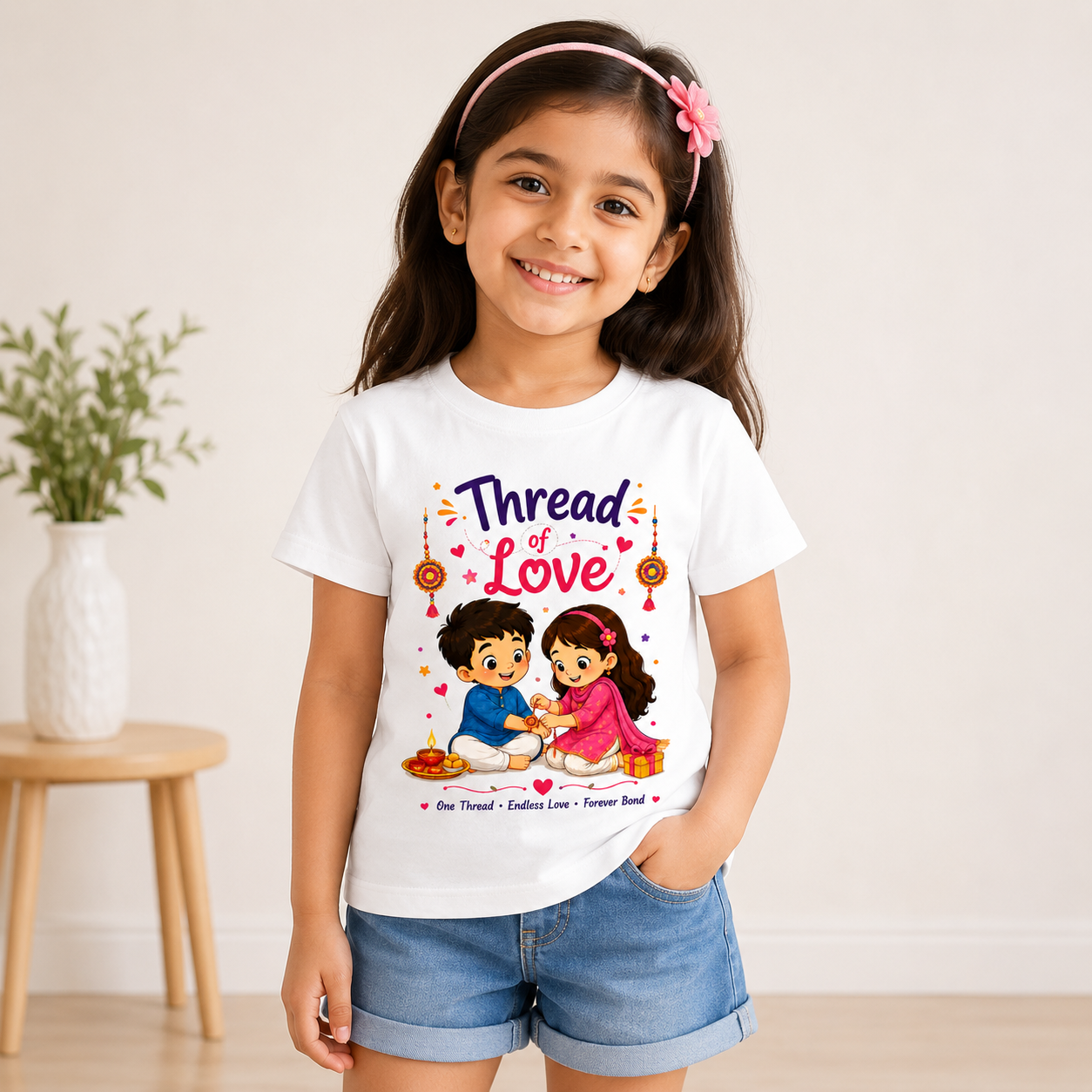 Kids Rakhi Special T-Shirt – Thread of Love Brother Sister Printed Cotton T-Shirt | White & Black