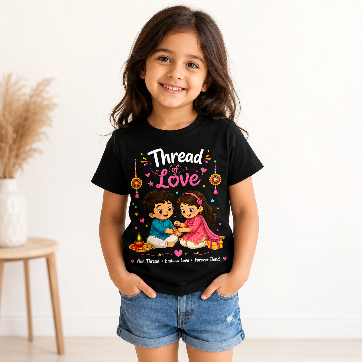 Kids Rakhi Special T-Shirt – Thread of Love Brother Sister Printed Cotton T-Shirt | White & Black