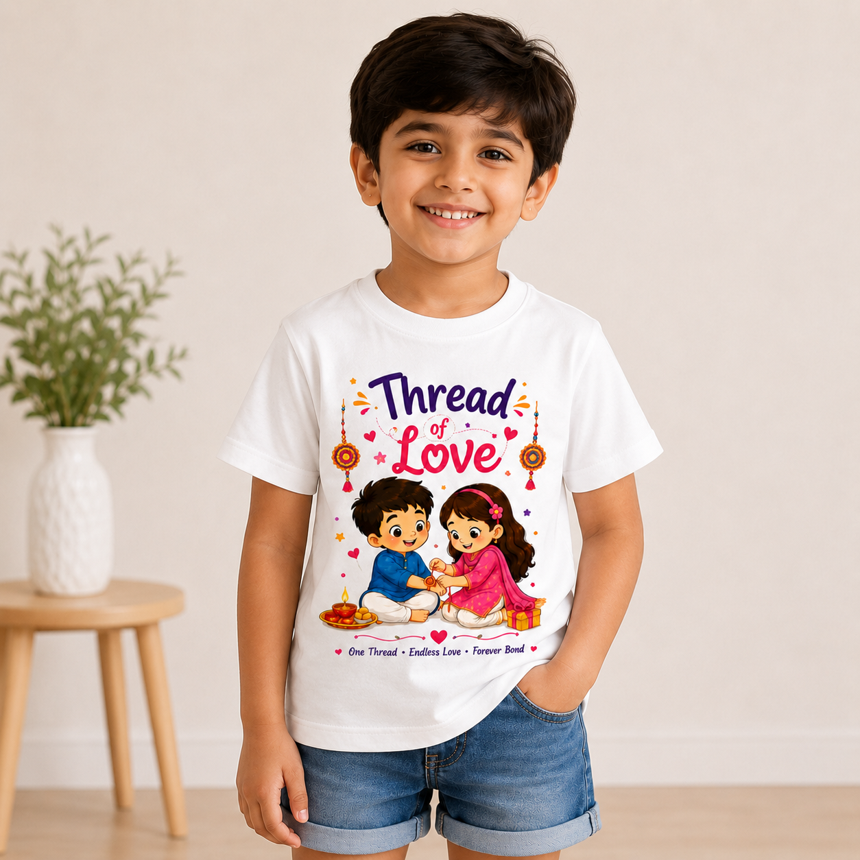 Kids Rakhi Special T-Shirt – Thread of Love Brother Sister Printed Cotton T-Shirt | White & Black