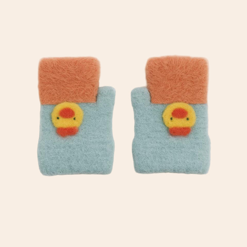 Kids Winter Soft Knit Gloves – Cartoon Style (Mint Green & Rust Orange)