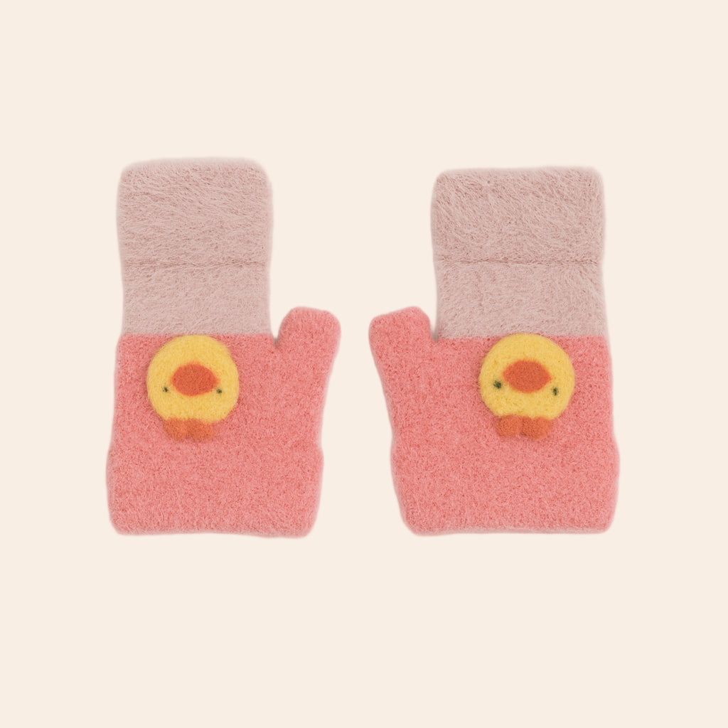 Kids Winter Soft Knit Gloves – Cartoon Style (Peach Pink & Soft Grey)