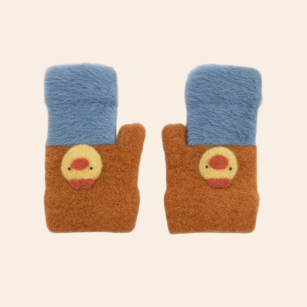 Kids Winter Soft Knit Gloves – Cartoon Style (Rust Brown & Sky Blue)