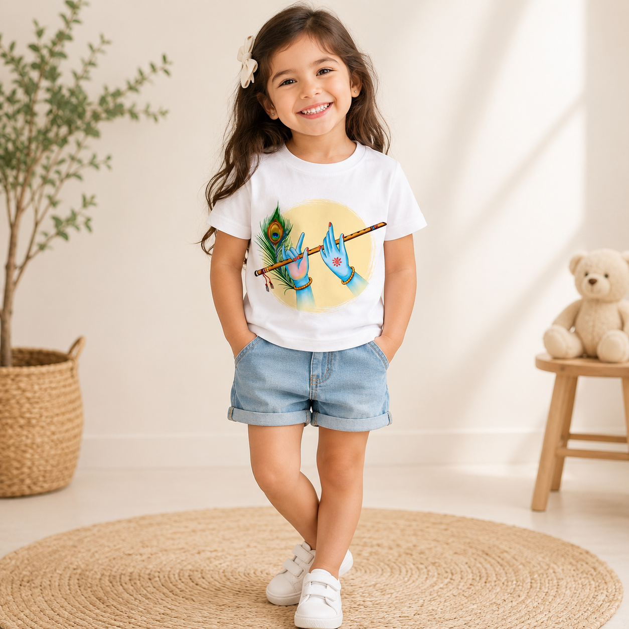 krishna flute theme kids White t-shirt girl front
