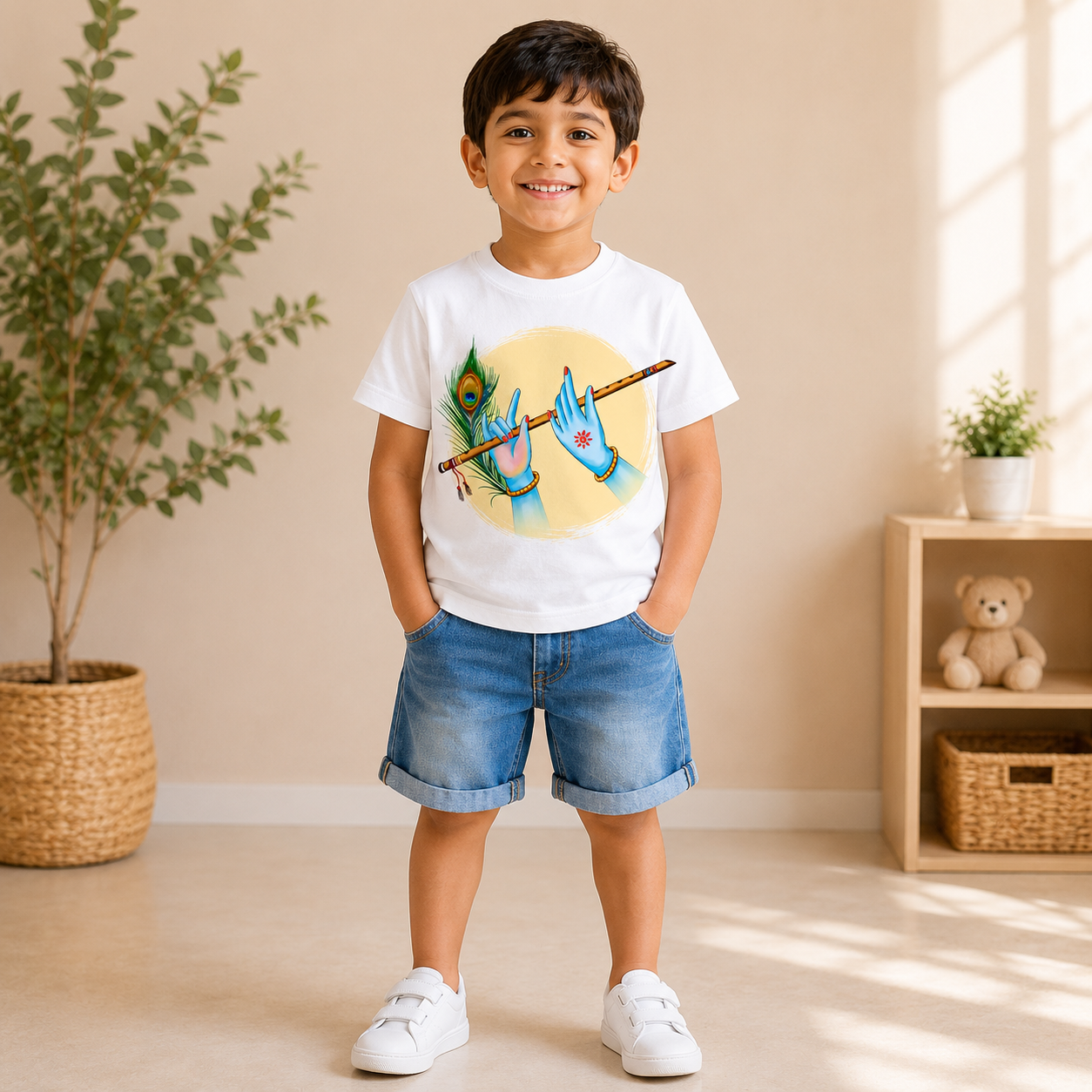 krishna flute theme kids White t-shirt boy front