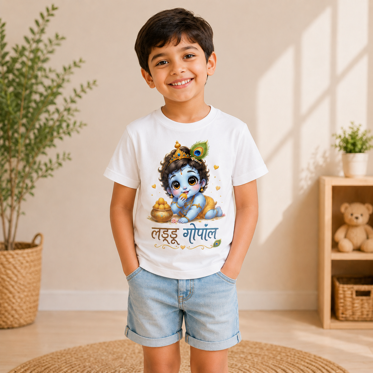 laddu gopal printed kids white t-shirt boy front