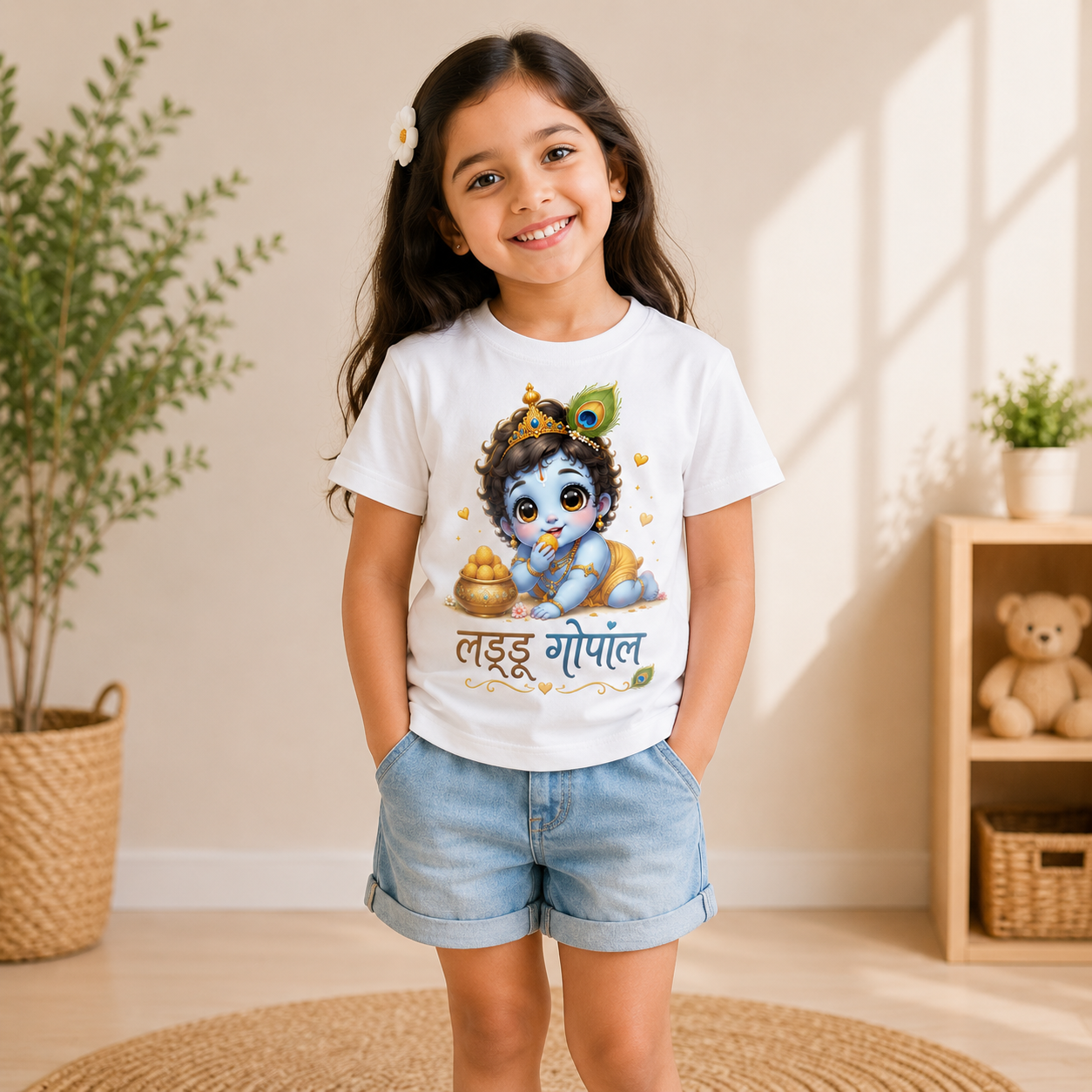 laddu gopal printed kids White t-shirt girl front