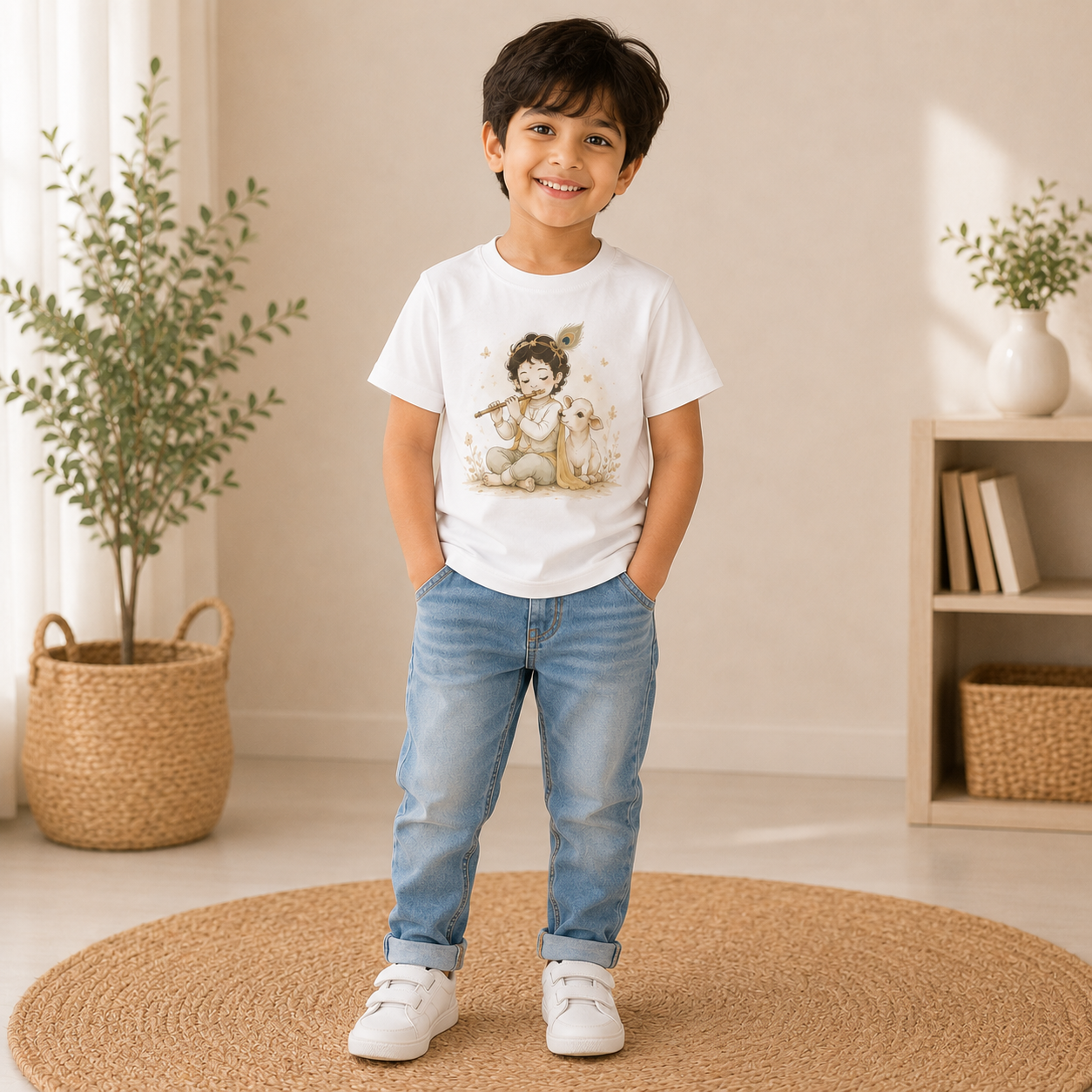 little krishna kids White t-shirt front Model