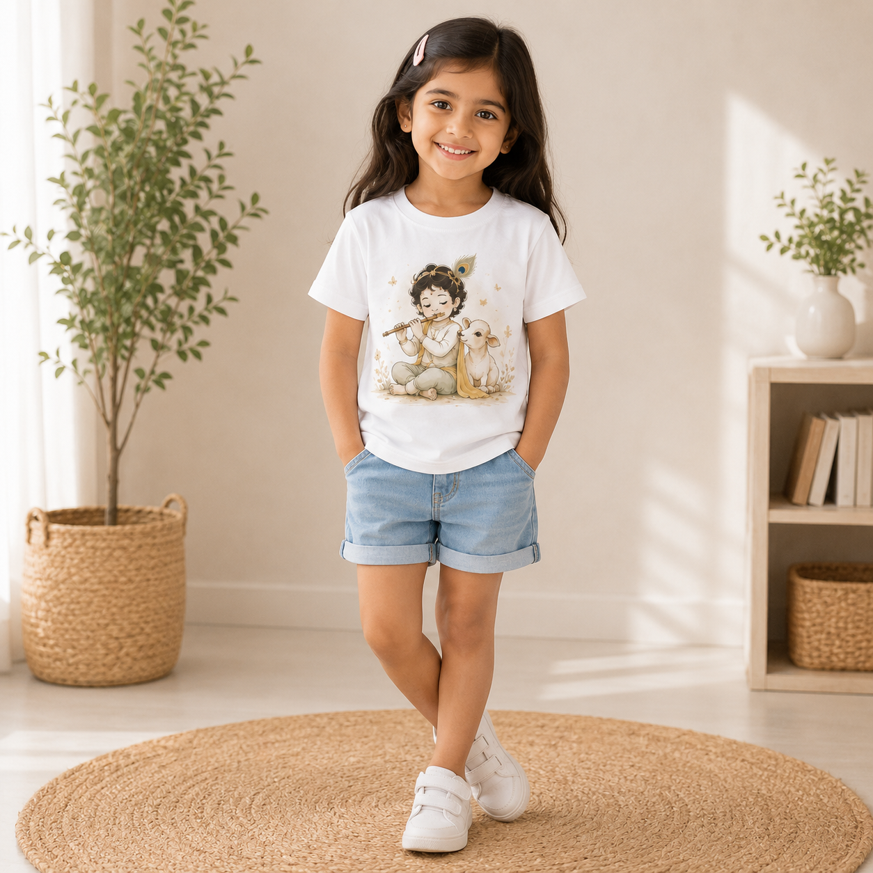 little krishna kids White t-shirt Front Girl model