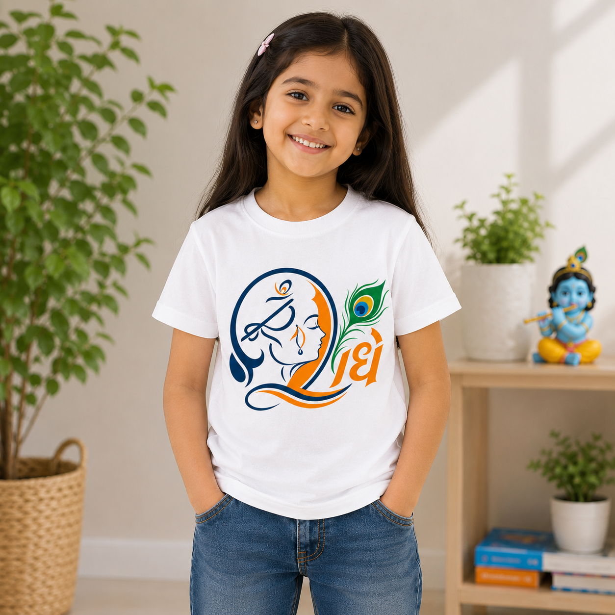 lord krishna printed kids White t-shirt girl front
