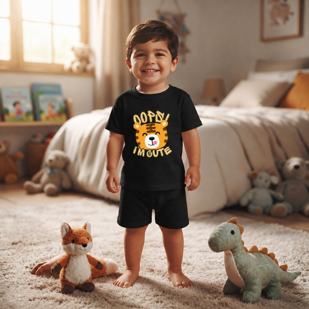 Cute Cartoon Tiger Printed Cotton Kids Black T-Shirt (boy standing front)