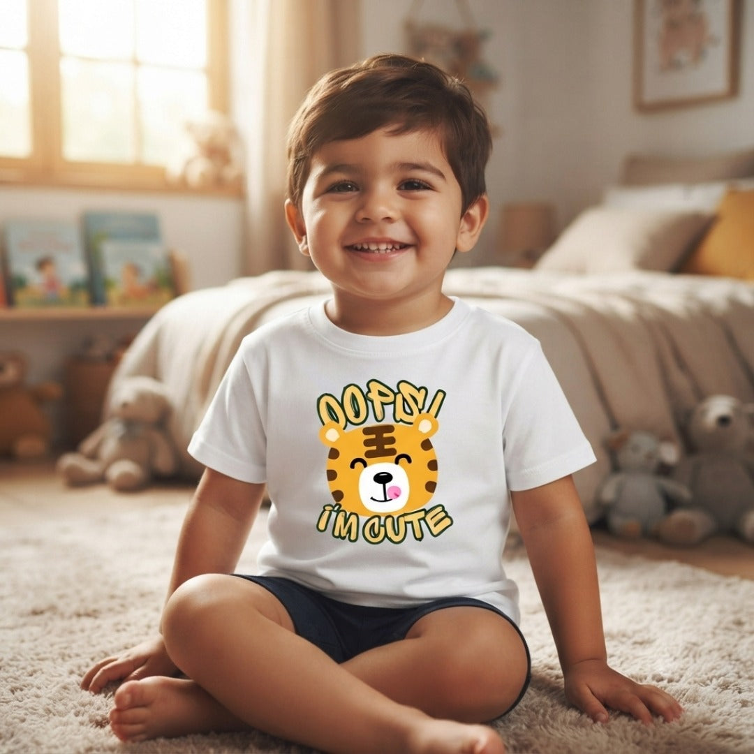 Cute Cartoon Tiger Printed Cotton Kids White T-Shirt (boy sitting front model)