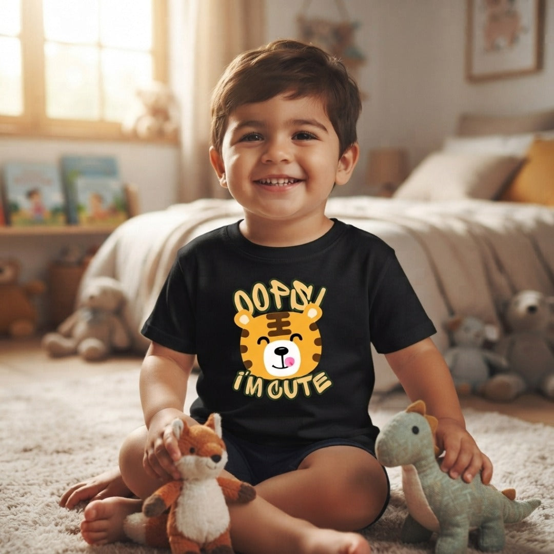 Cute Cartoon Tiger Printed Cotton Kids Black T-Shirt (Boy sitting front model)