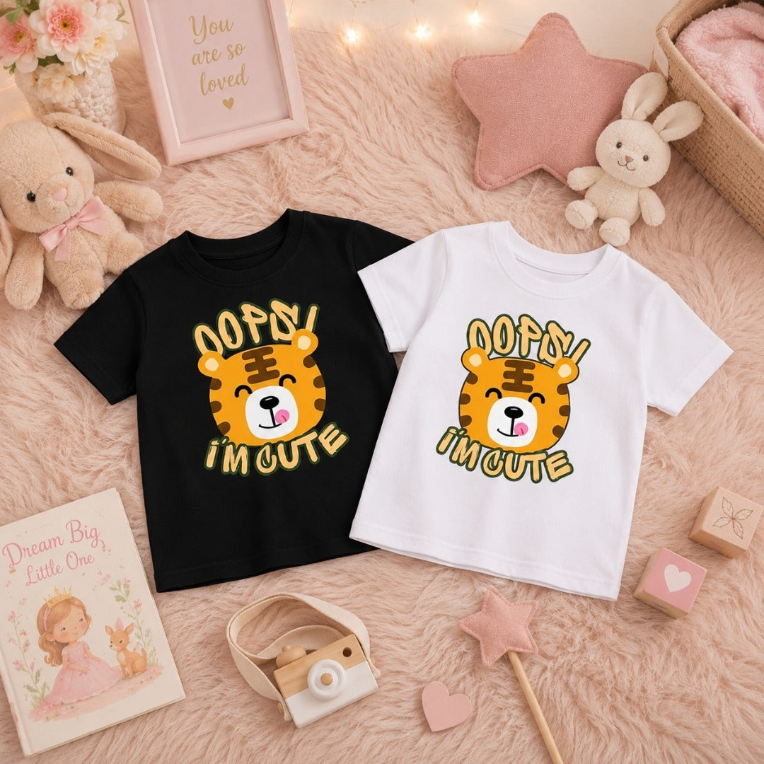 Cute Cartoon Tiger Printed Cotton Kids Black & White T-Shirt 