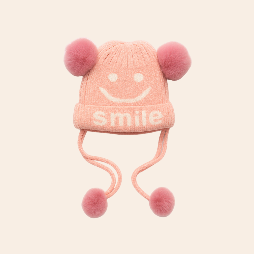 Pink Smiley Pom-Pom Hat