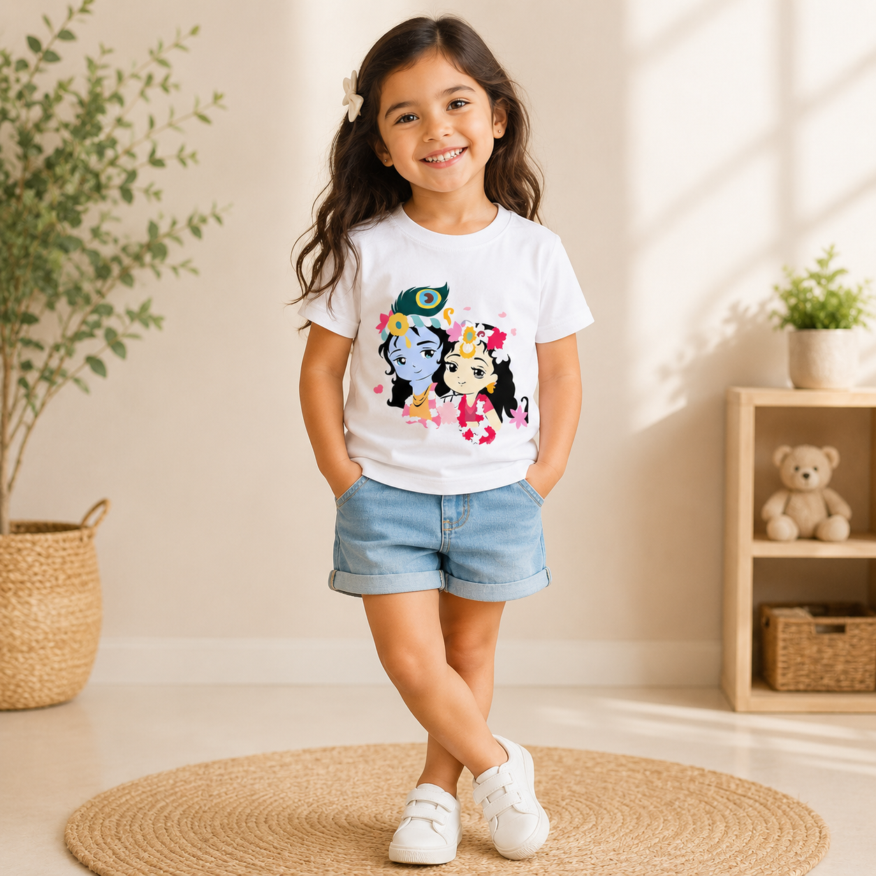 radha krishna printed kids White t-shirt Girl front 