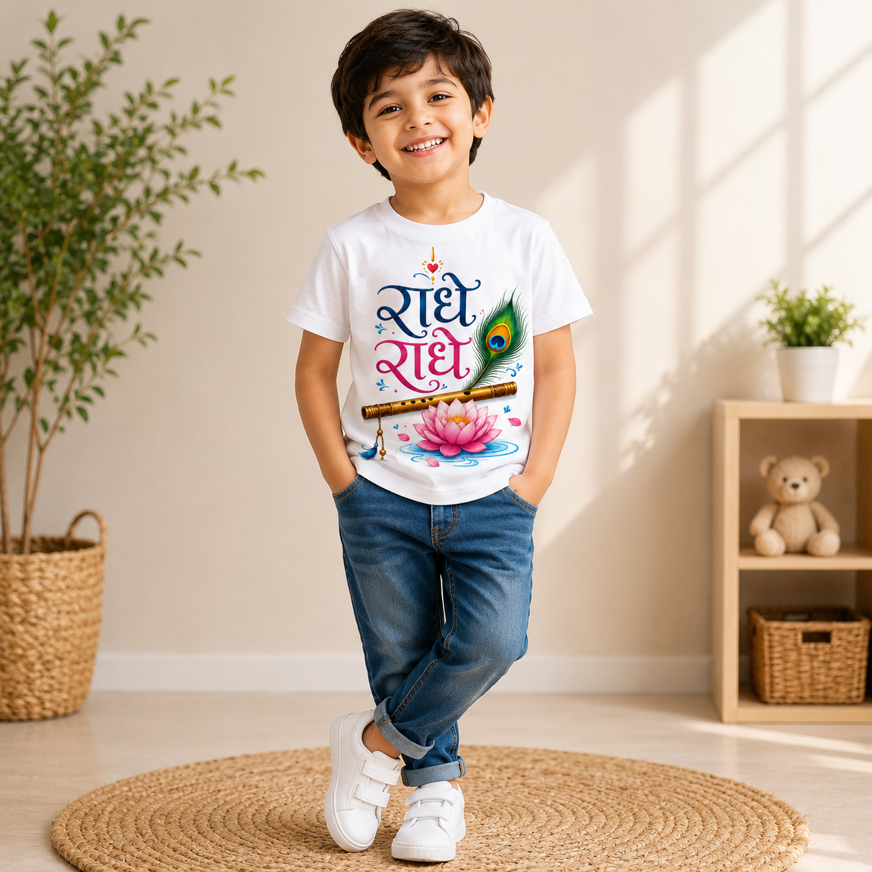 radhe radhe printed kids white t-shirt boy front