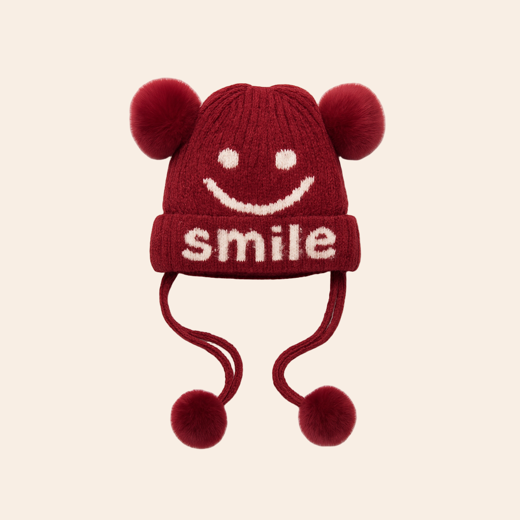 Dark Red Smiley Pom-Pom Hat