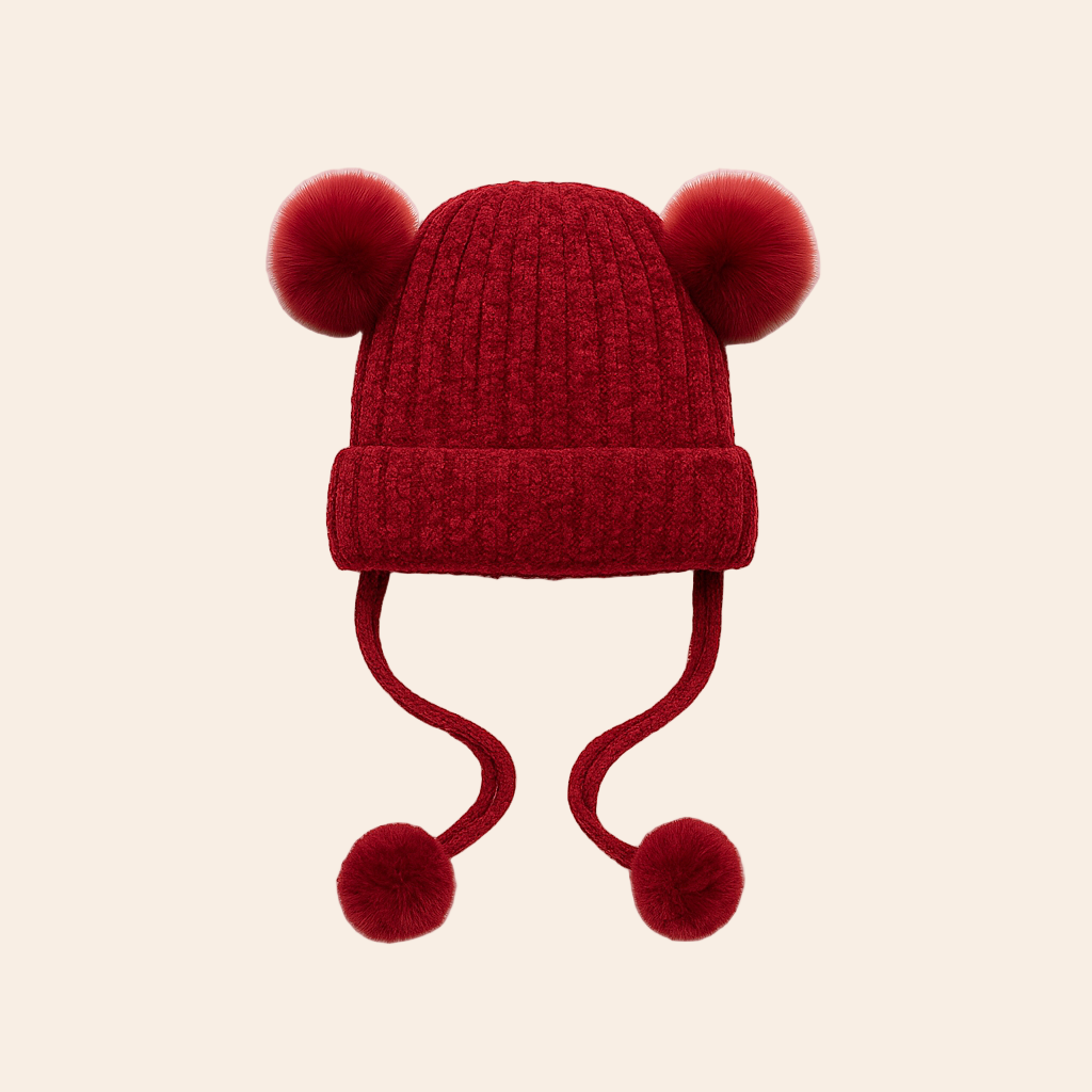 Dark Red Smiley Pom-Pom Hat