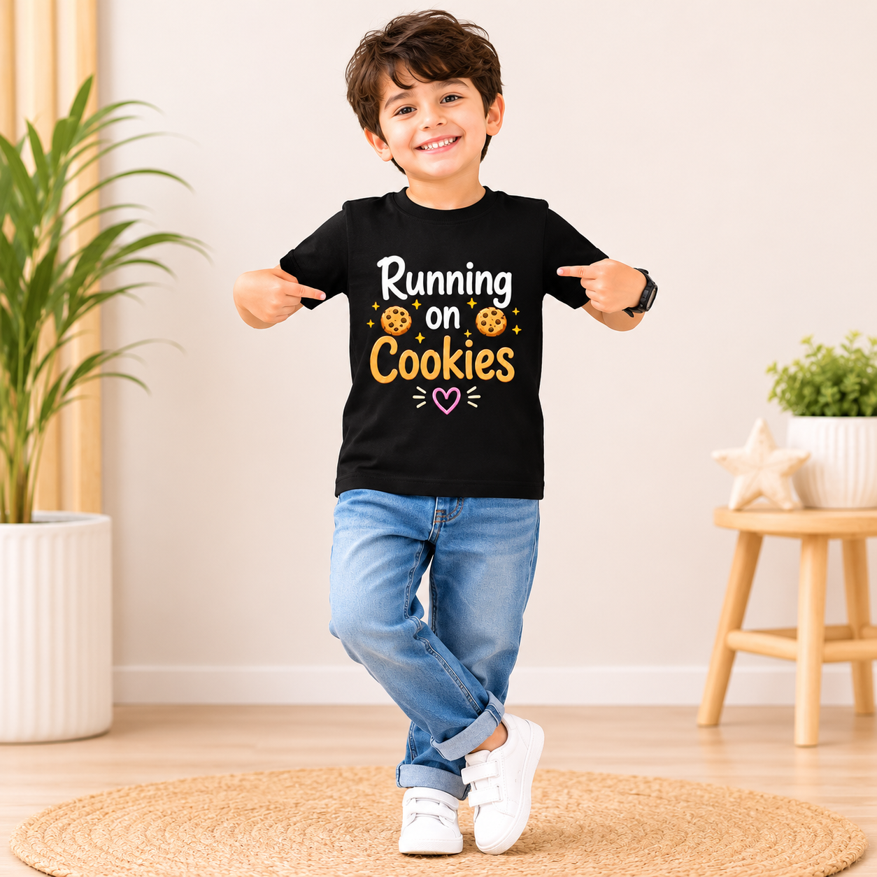Kids Cotton Graphic T-Shirt | Running on Cookies Printed T-Shirt for Boys & Girls
