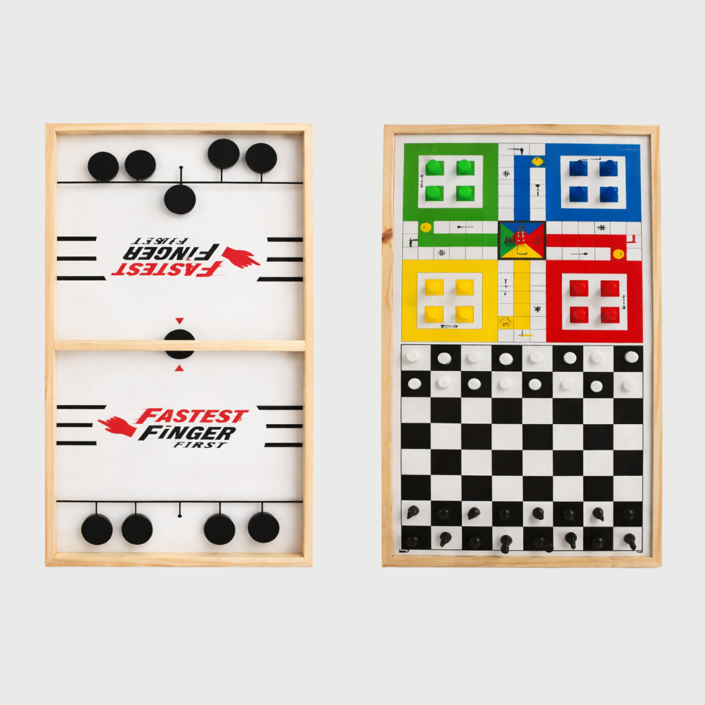 String Hockey Plus 3-in-1 Wooden Board Game – Hockey, Ludo & Chess for Kids and Family (5+ Years)