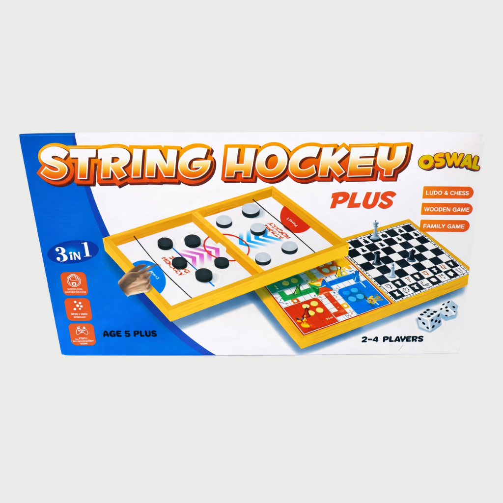 String Hockey Plus 3-in-1 Wooden Board Game – Hockey, Ludo & Chess for Kids and Family (5+ Years)