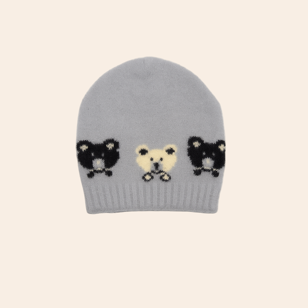 teddy bear jacquard knitted baby cap grey