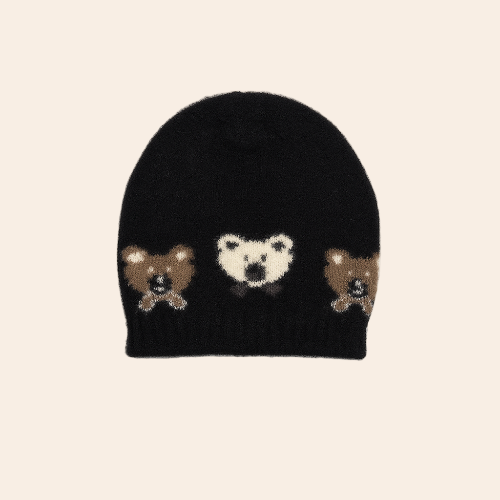 black teddy bear jacquard knitted baby cap 