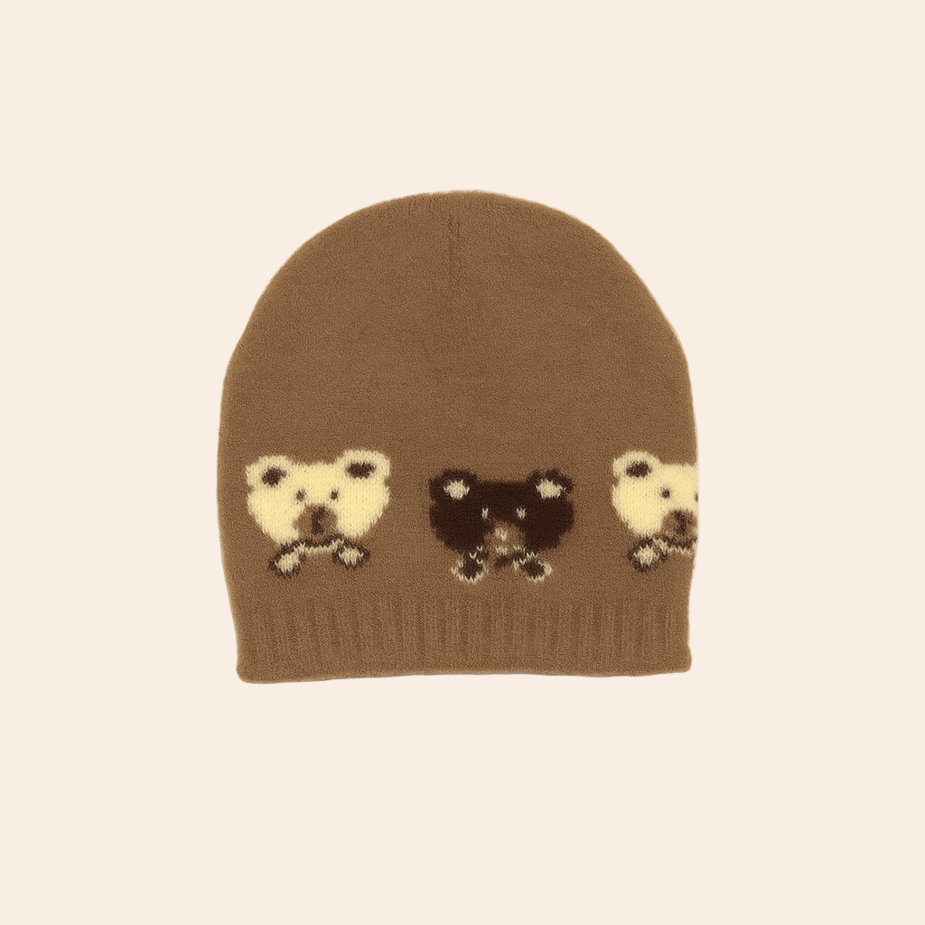 teddy bear jacquard knitted baby cap light coffee
