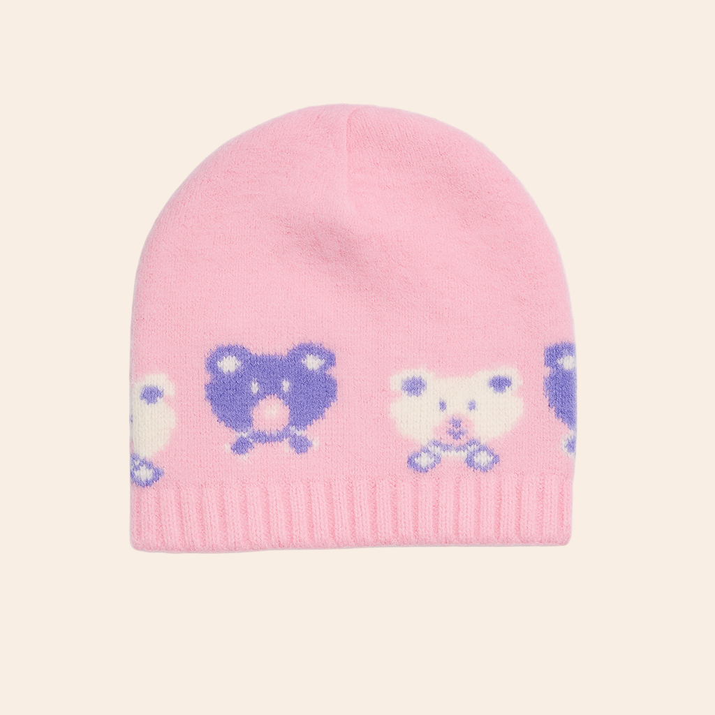 teddy bear jacquard knitted baby cap light pink 