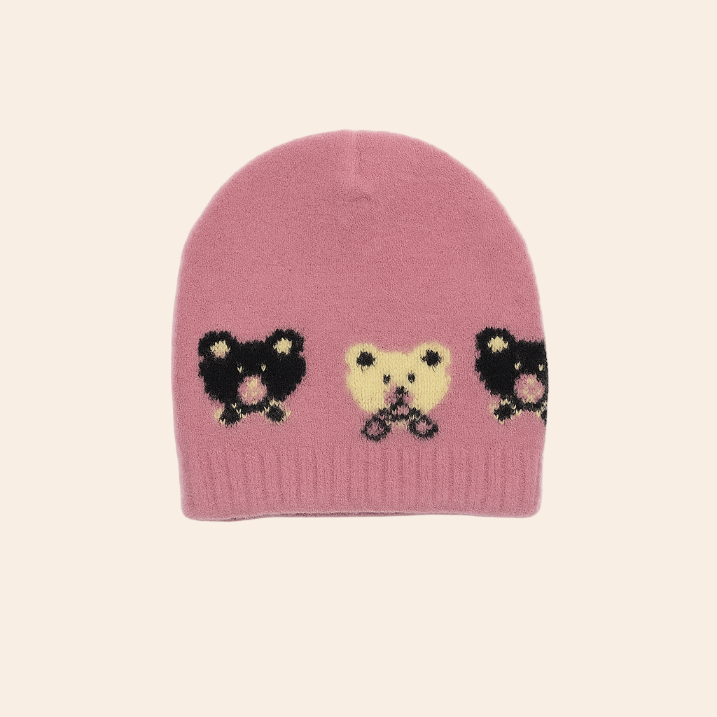 Teddy Bear Jacquard Knitted Baby Cap – Baby Pink