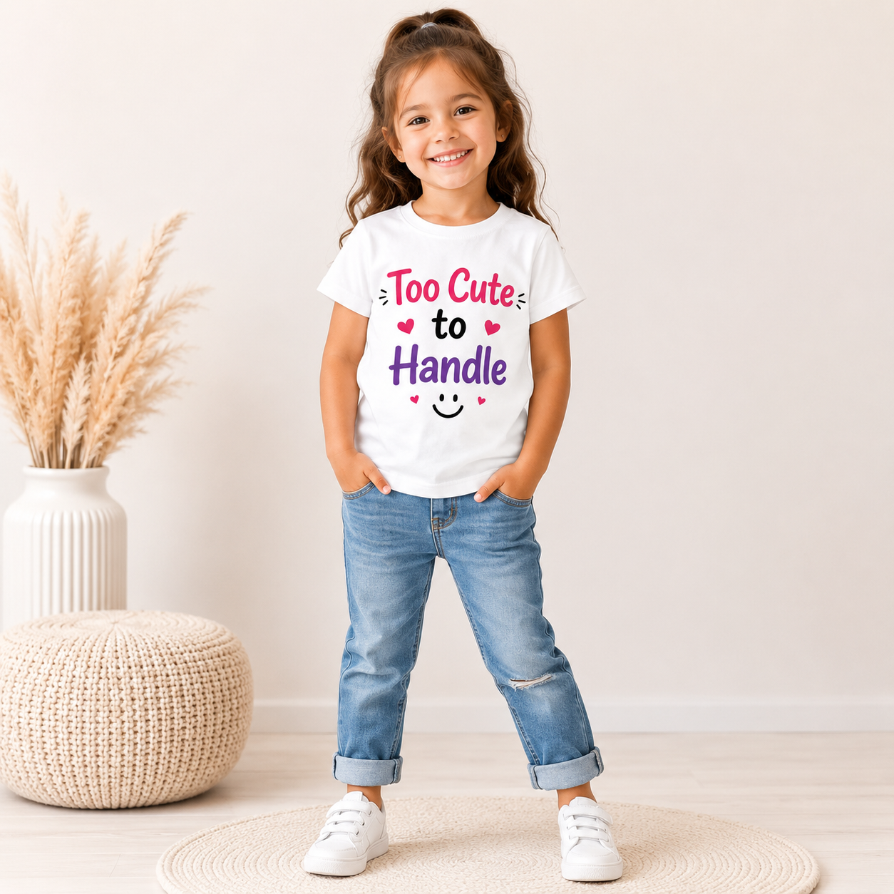 Too Cute to Handle Girls Graphic T-Shirt | Heart & Smiley Printed Kids T-Shirt