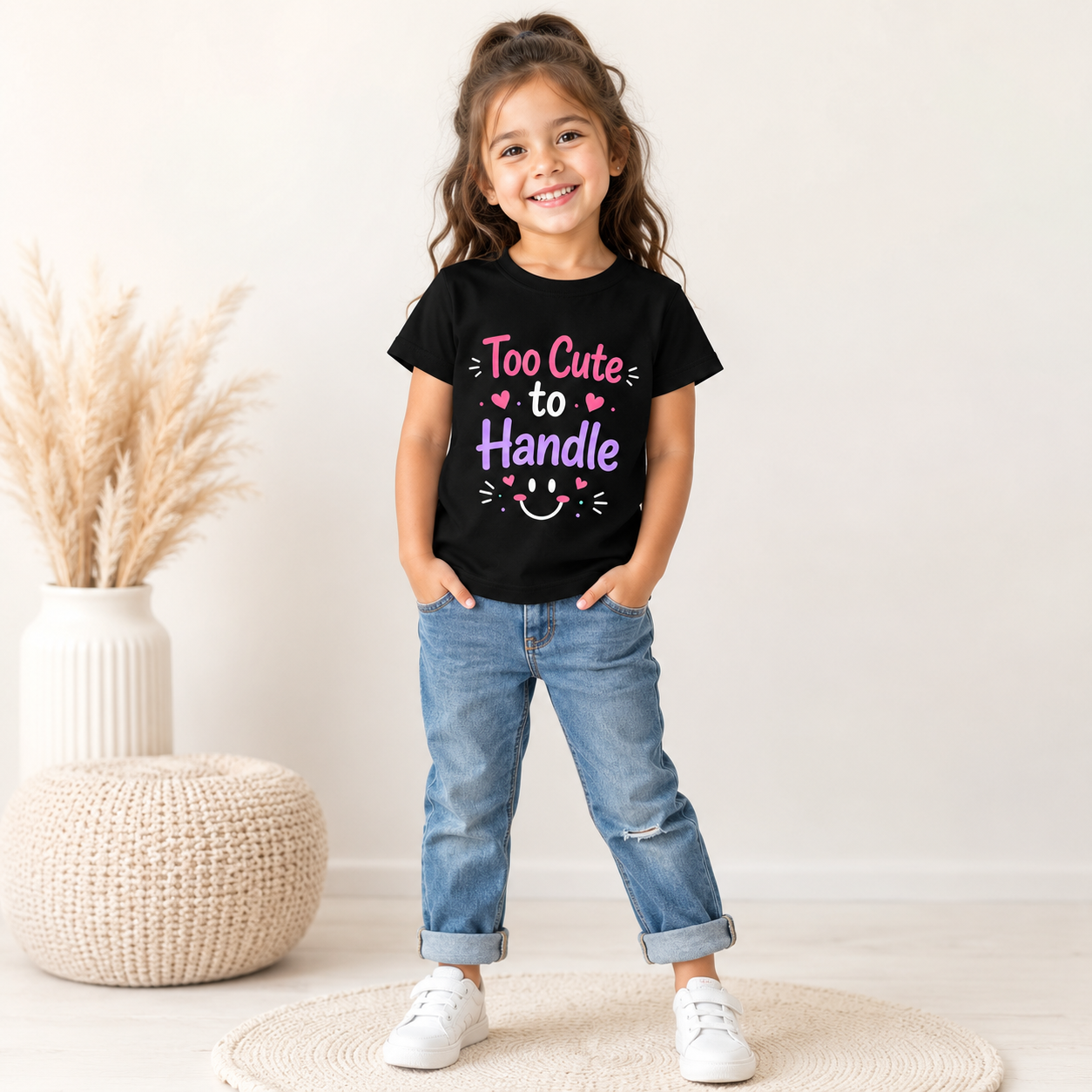 Too Cute to Handle Girls Graphic T-Shirt | Heart & Smiley Printed Kids T-Shirt