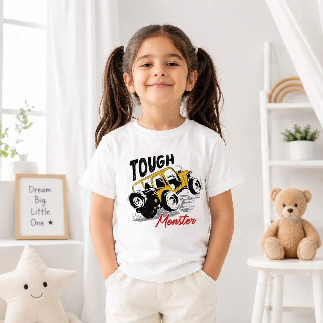 Monster jeep kids cotton white t-shirt (girl front)