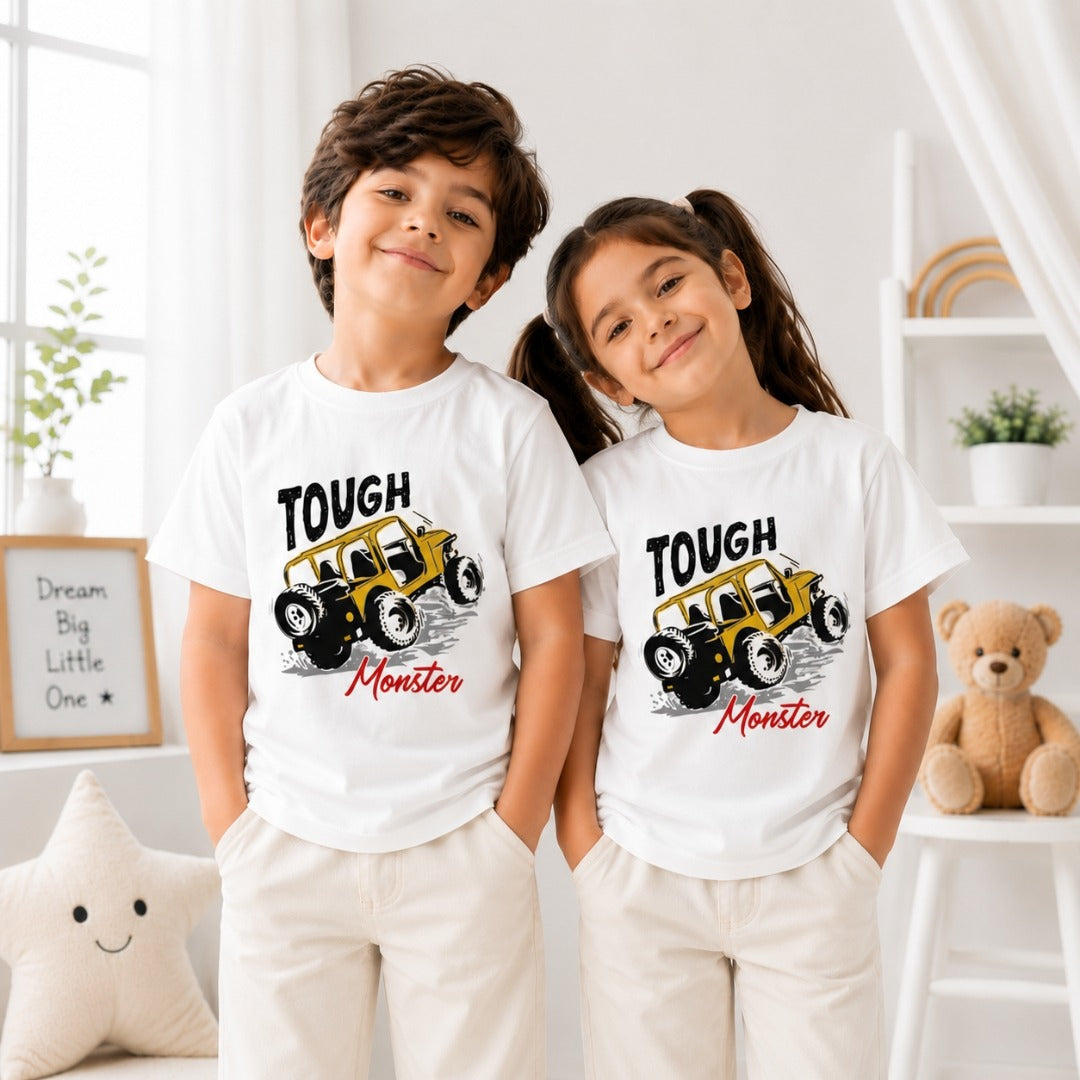 Monster jeep kids cotton white t-shirt (models front side)