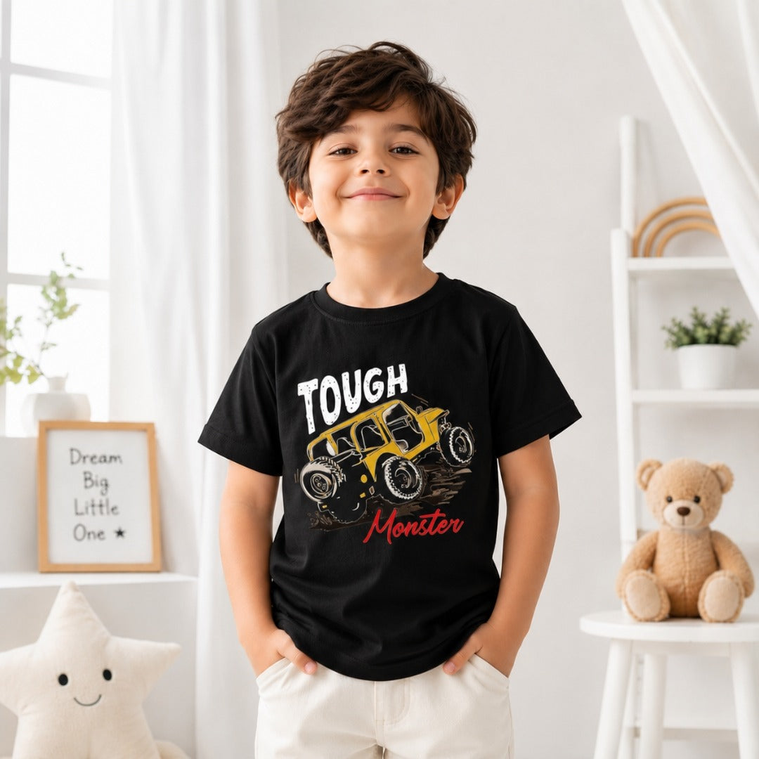 Monster jeep kids cotton Black t-shirt (boy front)